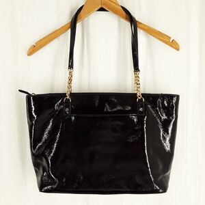 MICHAEL KORS Patent Leather + Chain Tote Bag, Shoulder Purse Handbag,shiny black